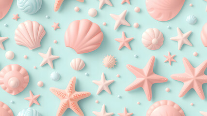 Pastel Seashells and Starfish Background