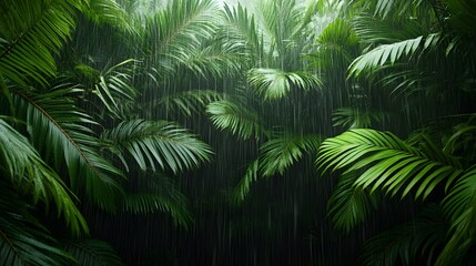 A leafy green forest with rain falling on the leaves. The rain is coming down in a steady drizzle, creating a peaceful and calming atmosphere