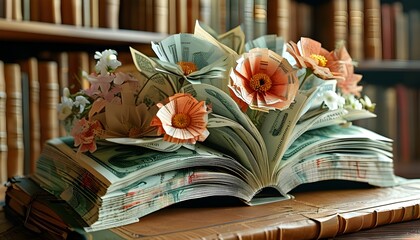 Wall Mural - Futuristic vintage library showcasing a book of banknotes blooming with flowers, symbolizing the intertwined themes of knowledge and wealth