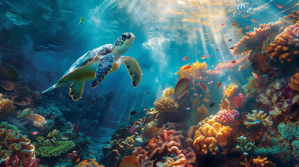 A vibrant underwater scene featuring a sea turtle gliding gracefully above colorful coral reefs. Surrounding the turtle are a variety of tropical fish.