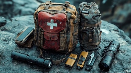 Outdoor gear including a first aid kit and flashlight on rocks.