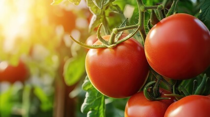 A close-up of ripe tomatoes (Solanum lycopersicum) on the vine, glowing red in a sunny field