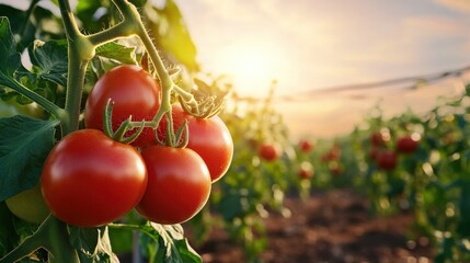 A close-up of ripe tomatoes (Solanum lycopersicum) on the vine, glowing red in a sunny field