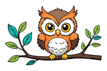 Wall Mural - Cartoon Owl Perched on a Branch with Green Leaves