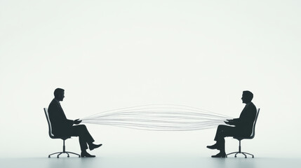 Two figures in silhouette are seated across from each other, connected by lines, symbolizing communication and interaction. scene evokes sense of connection and dialogue