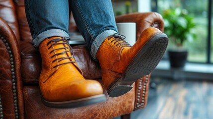 Close-up of a Man's Feet in Stylish Brown Boots