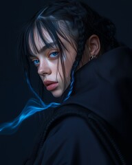 Poster - Close-up portrait of a young woman with blue streaks in her braided hair, looking over her shoulder with a confident expression.