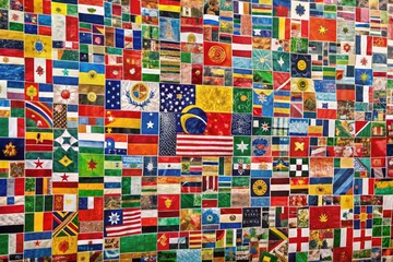 Vibrant flags of every nation, arranged in a stunning mosaic, showcasing the diverse symbols of sovereignty, unity, and cultural identity from around the globe.