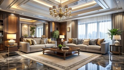 A beautifully designed living room with elegant decoration, interior design, home decor, stylish, modern, aesthetic