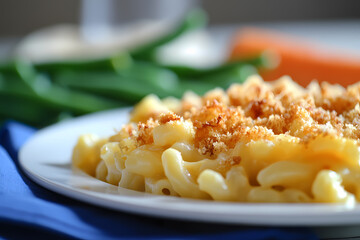 Close-up of macaroni and cheese with fresh vegetables on plate