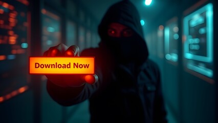 A masked figure holds a glowing red 