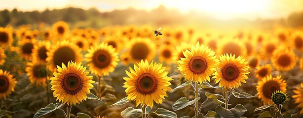 Golden sunflowers bloom beautifully at sunset, creating a vibrant and cheerful landscape filled with warm colors.