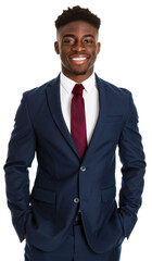 Portrait of young black businessman happy smiling and standing posing, Wear a blue suit and red tie, isolated on white background, png	