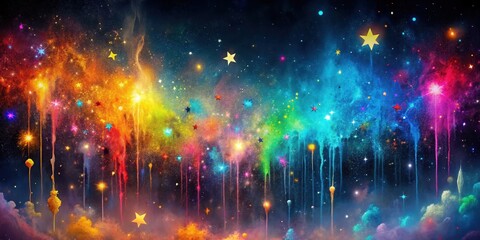 Colorful fantasy background with splashes of paint particles on a dark night sky filled with stars, abstract, colorful