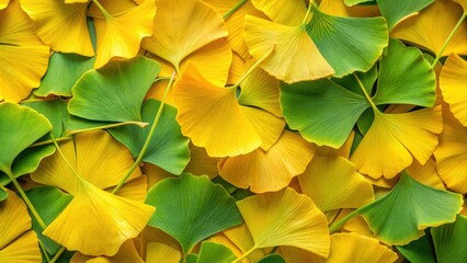 Wall Mural - Yellow and green ginkgo leaves forming a vibrant background, nature, foliage, plants, colorful, autumn, seasonal, botany