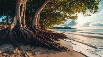 Landscape view of trees with big roots on the seashore. Plants growing by the sea. Photography Stock.