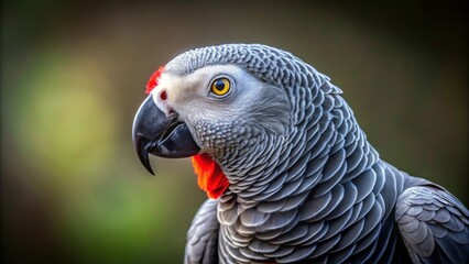 Portrait of a beautiful Kongo Graupapagei parrot with bright red tail feathers and sleek grey plumage