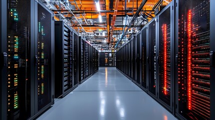 A modern data center filled with server racks and illuminated LED lights.