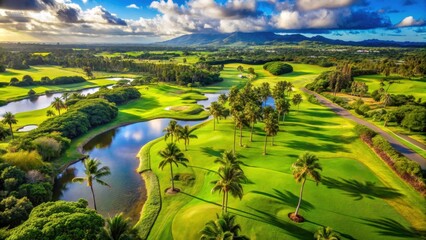 aerial view of a lush hawaii golf course country club, hawaii, golf course, country club, aerial, gr