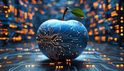 Futuristic blue apple symbolizing big data technology and artificial intelligence integration