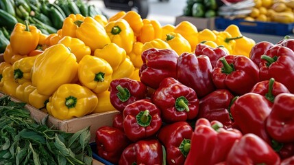 A vibrant display of red and yellow bell peppers (Capsicum annuum), adding color to the market stall