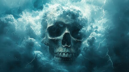 Eerie skull emerging from dark stormy clouds, creating a haunting and mystical atmosphere.