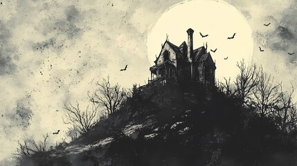 A spooky, abandoned house silhouetted against a full moon.