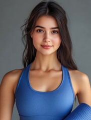 Wall Mural - A woman with long dark hair and a blue tank top is smiling