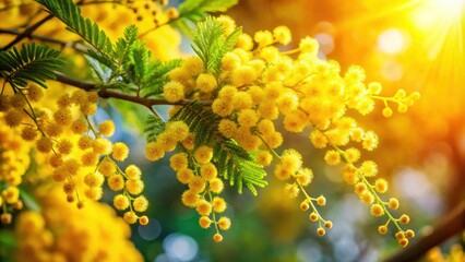 Close-up of bright yellow hairy mimosa flowers on a blooming tree in early spring, with sunny bokeh light in a garden setting