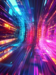 Poster - A colorful, abstract image of a cityscape with neon lights and a long