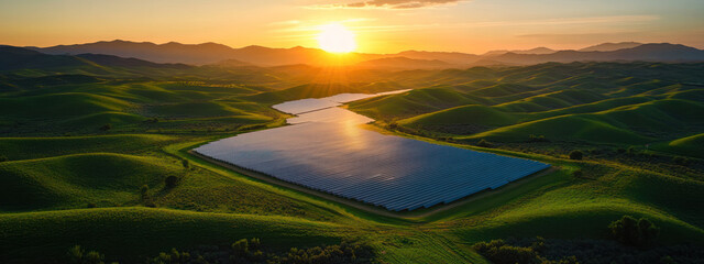 Wall Mural - Aerial view of large solar farm surrounded by lush green hills at sunset, showcasing renewable energy and natural beauty..