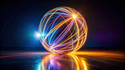 Wall Mural - Radiant orb of intertwined light trails on dark background, abstract, geometry, light, trails, darkness, sound waves