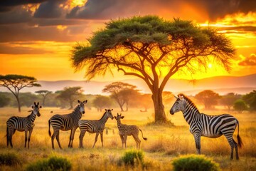 Vibrant savannah landscape featuring zebras, giraffes, and leafy trees set against a warm sunrise backdrop with soft, blurred focus and natural texture.