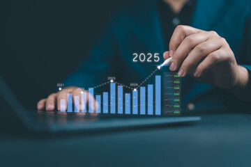 Poster - Businessman analyzes the graph of trend market growth in 2025 and plans business growth and profit increase in the year 2025. plan finances of the business