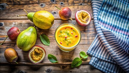 Wall Mural - Top view of a refreshing pear and passion fruit smoothie on a vintage table with a modern print towel, smoothie, pear