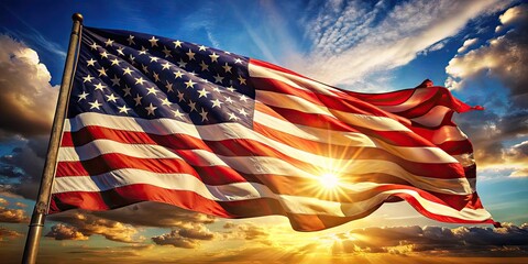 Wall Mural - Vibrant Stars and Stripes waving proudly in the breeze, lit by warm sunlight, symbolizing freedom and patriotism, with subtle wrinkles and folds adding texture.