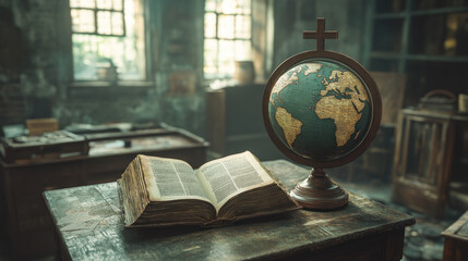 An open book rests on wooden table beside globe featuring cross, symbolizing faith and knowledge in rustic setting..