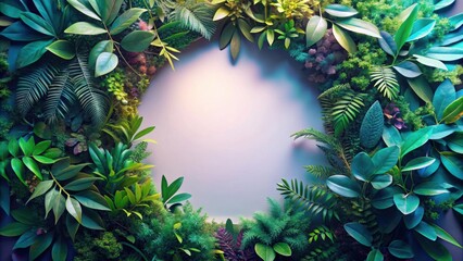 Circular frame surrounded by leaves and iridescent plants, nature, circle, foliage, vibrant, green, shiny, botanical, circular