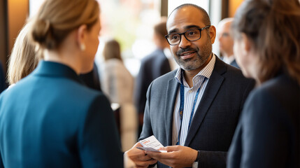 at the event people wearing suits engage in conversation, exchange business cards, and build professional connections.