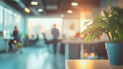 Canvas Print - Closeup of a Green Plant with Blurry Office Background