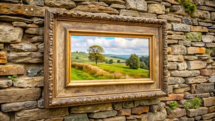 Wall Mural - Artwork in a frame hanging on a stone wall in an English countryside setting, countryside, art, frame, home decor