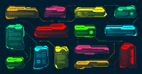 Poster - Futuristic HUD or UI elements. Sci-fi user interface text boxes, callouts. Colorful warning message frame, information boxes template. Modern game interface layout, digital style. Vector illustration