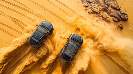 Two black SUVs drift on sand, creating a dramatic cloud of dust and sand.