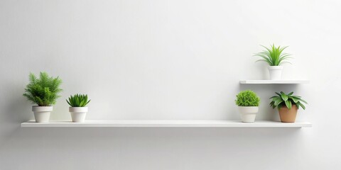 Wall Mural - Minimalist background featuring green potted plants on a white shelf , minimal, background, plants, green, potted, minimalist