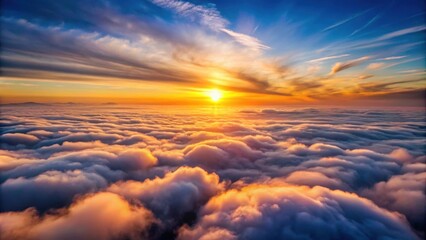 Wall Mural - Above clouds, aerial view of sunset with sun rays shining through the clouds, Aerial, view, above, clouds, fly, sunset, sun, rays