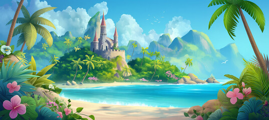 Wall Mural - The Cartoon tropical island with fantasy castle, game background, Illustration