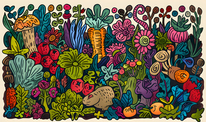 Wall Mural - fruits and vegetable herbal concept  for background or 2d illustrator cartoon.