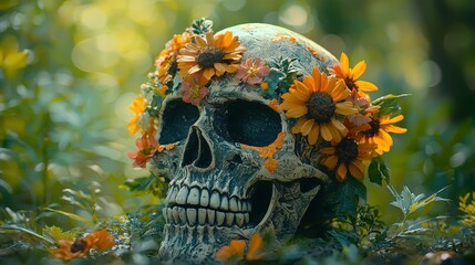 A decorated skull adorned with vibrant flowers in a mystical forest setting.