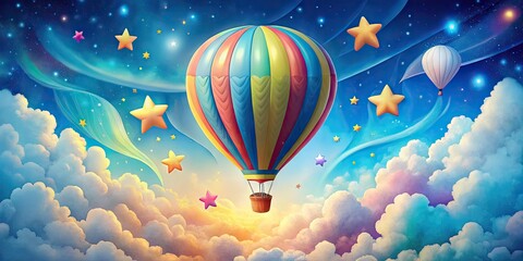 Vibrant, whimsical illustration of a smiling hot air balloon soaring above fluffy white clouds, surrounded by colorful stars and stylized swirls in a bright blue sky.