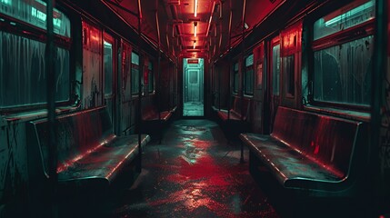 Canvas Print - Empty train car with red and blue lighting, reflecting off the metal walls, showing the seats and the end of the train car.